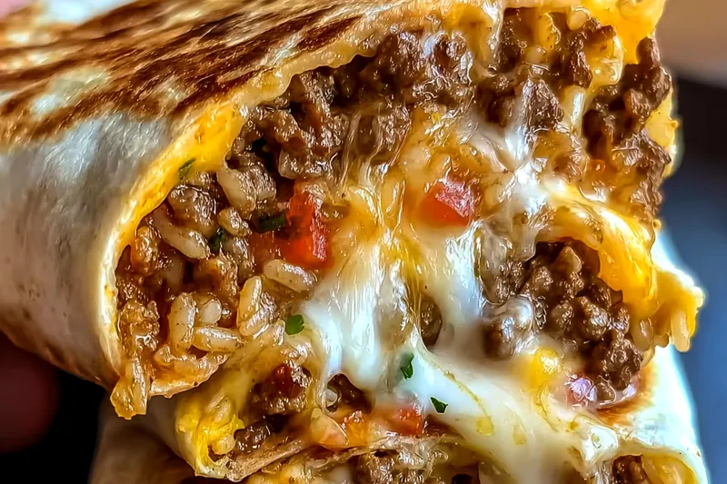 Golden-brown burritos cooking in a large skillet, showing the perfect searing technique with melted cheese visible at the seams