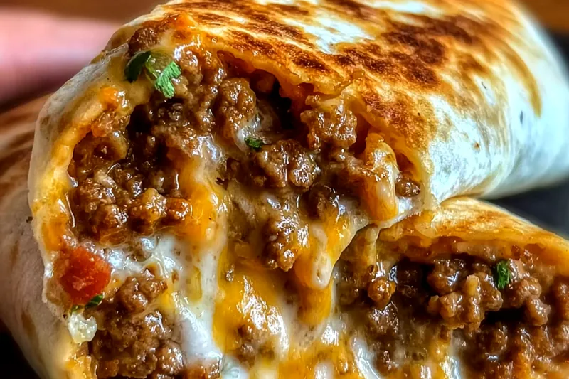 Ingredients for taco melts including ground beef, flour tortillas, shredded cheese, tomatoes, onions, and Mexican spices arranged on a wooden cutting board