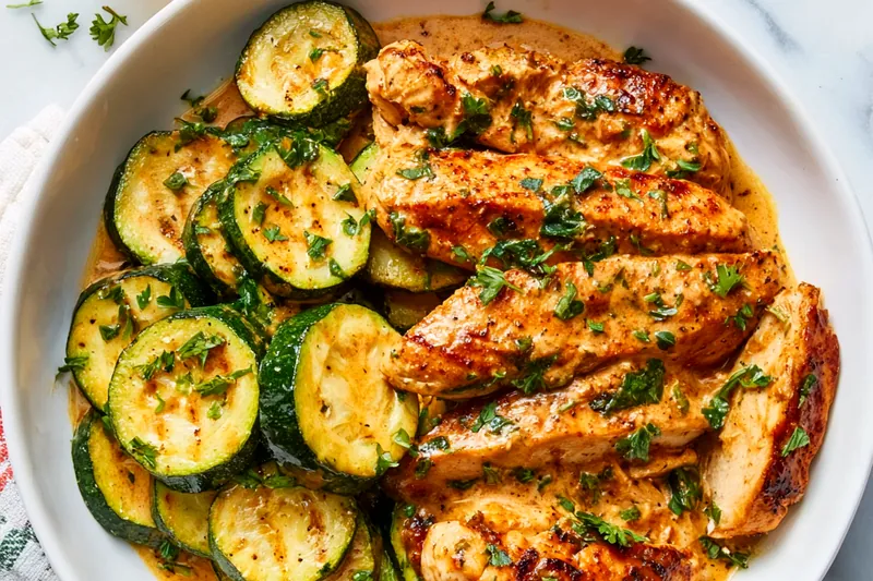 Raw chicken breasts, sweet paprika powder, heavy cream, sour cream, onions, and fresh herbs arranged on marble cutting board