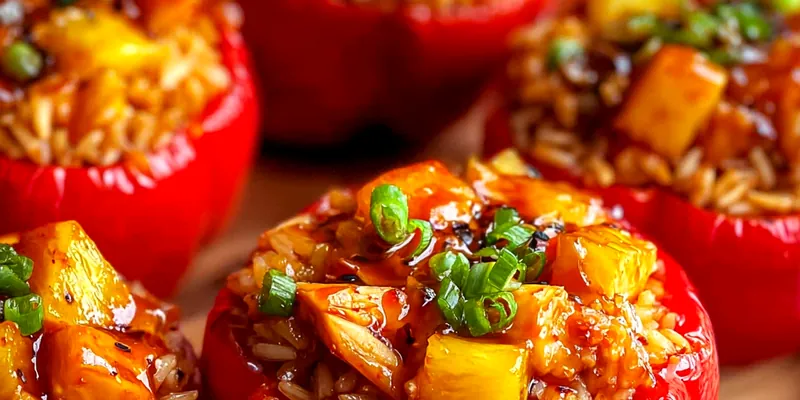 Teriyaki Pineapple Chicken Rice Stuffed Red Bell Peppers