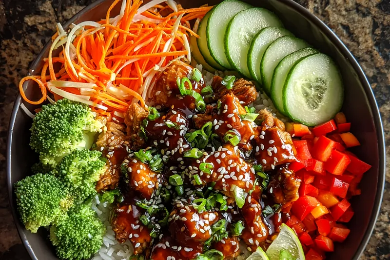 A skilled chef stir-frying ground turkey and vegetables in a skillet, creating Savory Teriyaki Turkey Bowl.