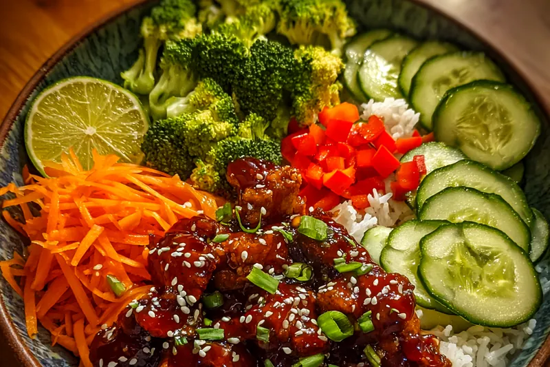 A colorful array of fresh ingredients including ground turkey, vegetables, and rice prepared for Savory Teriyaki Turkey Bowl.