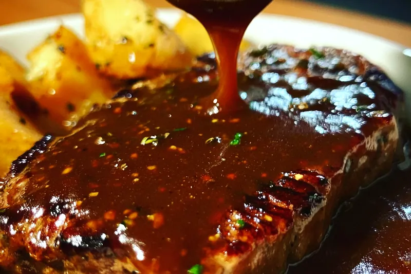 Saucepan with Texas Roadhouse steak sauce simmering, showing the rich, glossy texture and dark reddish-brown color