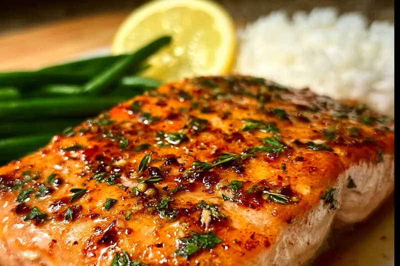 Seasoned salmon fillets on a baking sheet being brushed with melted butter before going into the oven