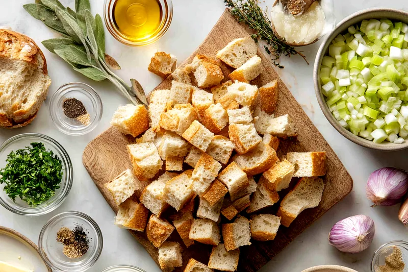 Close-up of a wooden spoon scooping golden-brown Thanksgiving stuffing from a white baking dish, showing the contrast between crispy top pieces and tender interior