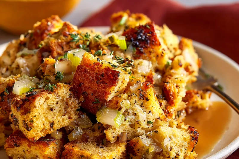 Overhead view of stuffing ingredients arranged on a marble countertop including cubed bread, fresh herbs in bowls, diced celery and onions, butter, eggs, and chicken broth in a measuring cup