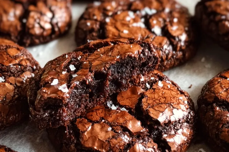 Chocolate brownie cookies on a baking sheet showing perfect crackled tops and fudgy texture, with some cookies cooling on a wire rack