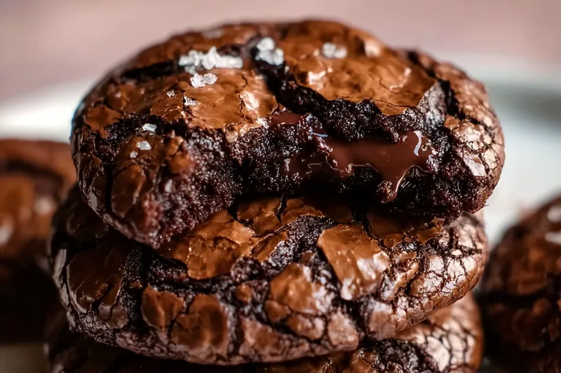Ingredients for chocolate brownie cookies including dark chocolate bars, butter, eggs, sugars, flour, cocoa powder, and chocolate chips arranged on a marble surface