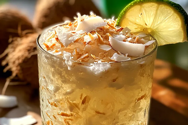 Tropical cocktail ingredients including coconut cream, prosecco, fresh limes, white rum, and garnishes arranged on a bamboo tray