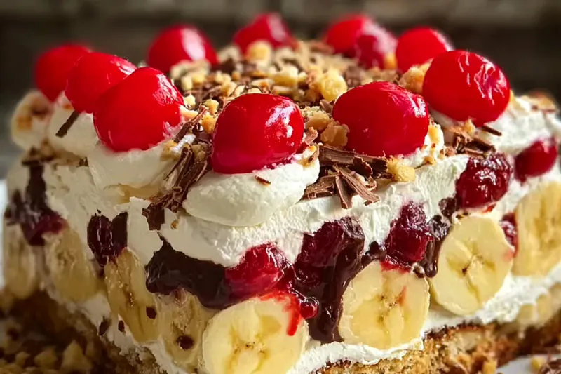 Layering process of no-bake banana split cake showing cream layer being spread over graham crust with fruit being arranged