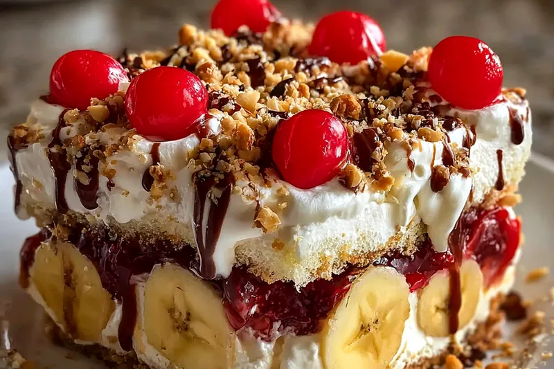 No-bake banana split cake ingredients arranged including cream cheese, graham crackers, fresh fruits, syrups, and nuts on white surface