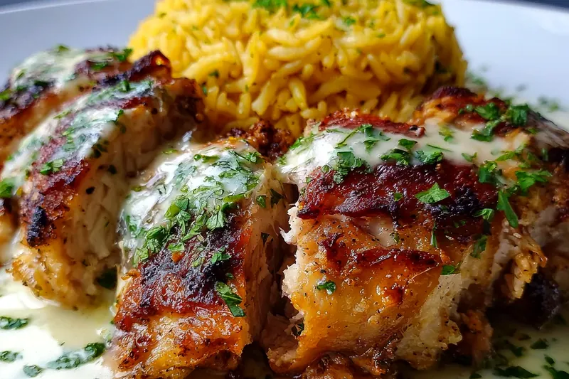 Action shot of searing golden chicken thighs in a Dutch oven with aromatic steam rising, showing the perfect browning technique that creates the flavor base for authentic Peruvian arroz con pollo