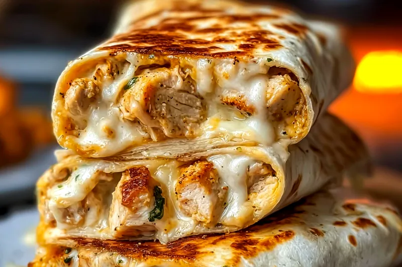 Fresh ingredients for cheesy garlic chicken wraps including chicken strips, tortillas, shredded cheese, garlic, and herbs arranged on a wooden cutting board