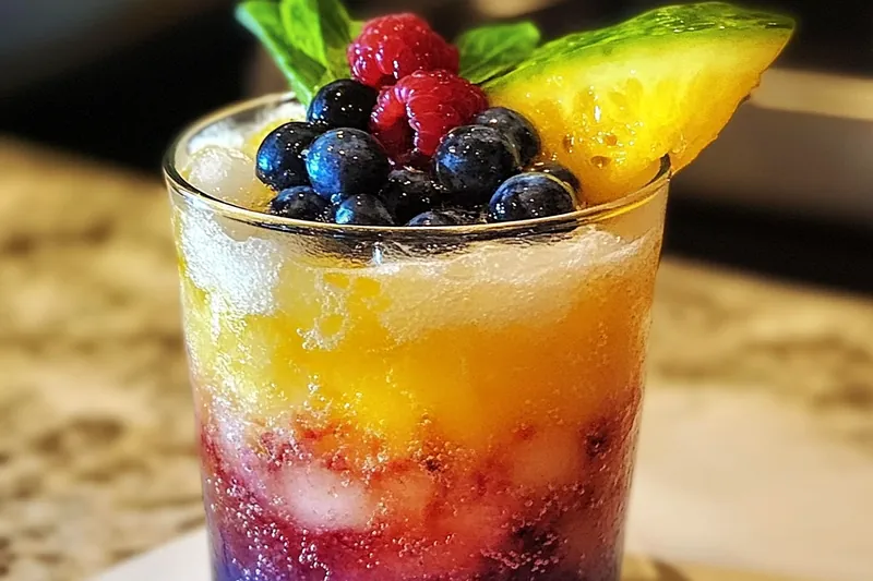 Colorful ingredients for galaxy mocktail including blue and purple food coloring, pineapple juice, edible glitter, and tropical garnishes arranged on dark surface