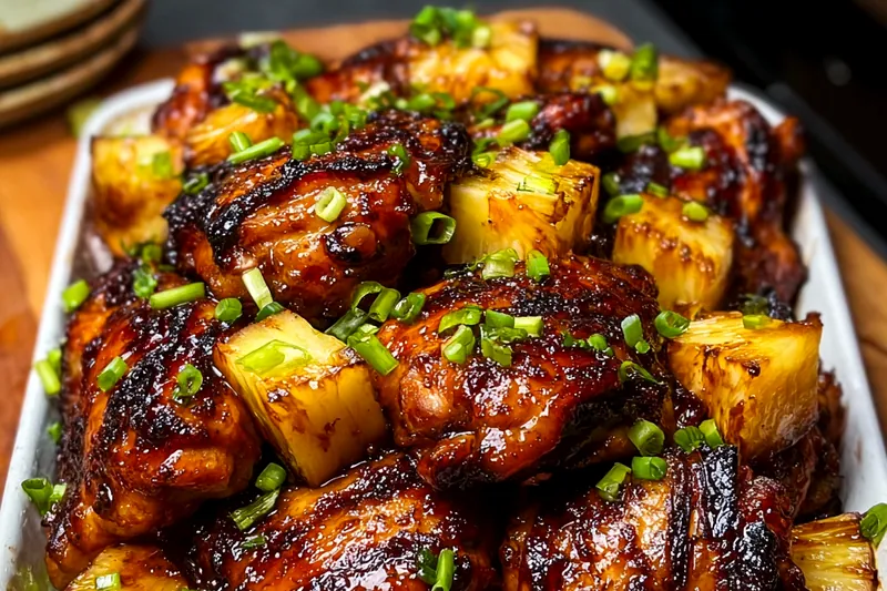 Tropical ingredients arranged on a bamboo cutting board including chicken pieces, fresh pineapple, bell peppers, ginger, garlic, and coconut flakes with Hawaiian seasonings