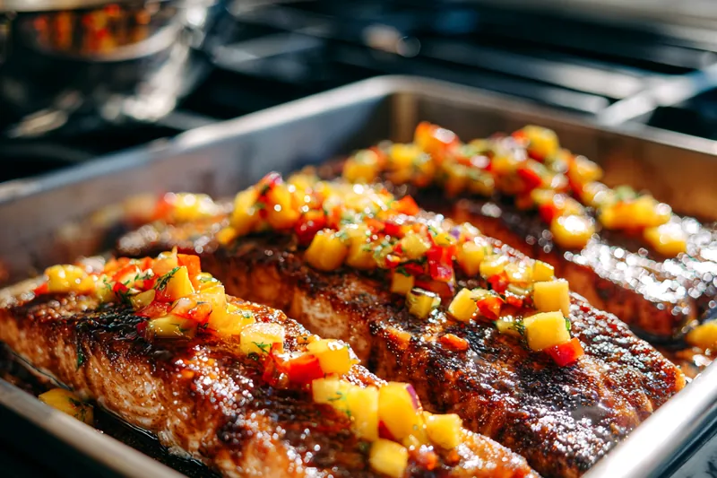 Close-up action shot of a hand brushing glossy mango glaze onto seared salmon fillets in a stainless steel skillet, with the glaze glistening on the caramelized surface of the fish, captured with shallow depth of field showing the texture of the salmon and the viscosity of the glaze