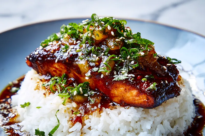Overhead flat lay of recipe ingredients including four fresh salmon fillets on white parchment, small bowls containing mango puree, honey, soy sauce, diced pineapple, red bell peppers, red onion, jalapeño, fresh cilantro bunch, ginger root, garlic cloves, and lime halves, arranged on a light wooden cutting board