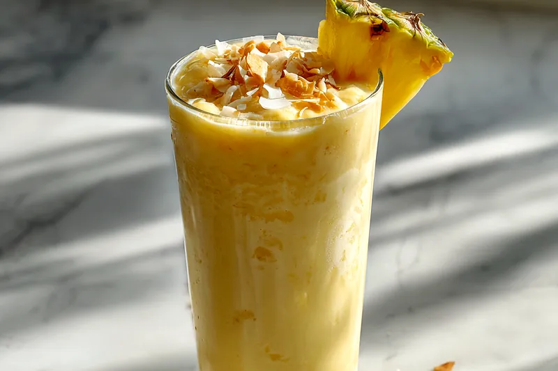 Action shot of creamy yellow pineapple coconut smoothie being poured from a blender into a tall clear glass, showing the thick, smooth consistency with visible pale yellow color and frothy top