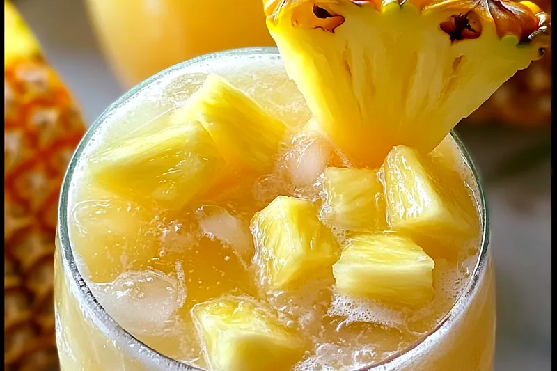 Large punch bowl being filled with golden tropical pineapple lemonade, showing the beautiful color and fresh fruit garnishes being added