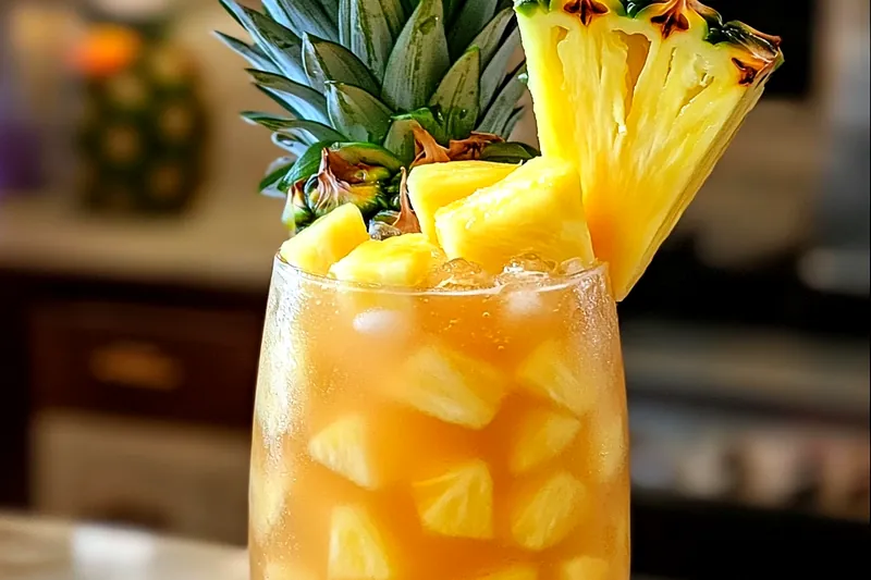 Fresh tropical ingredients for pineapple lemonade punch including ripe pineapple, bright lemons, fresh mint, and coconut water arranged on a bamboo surface
