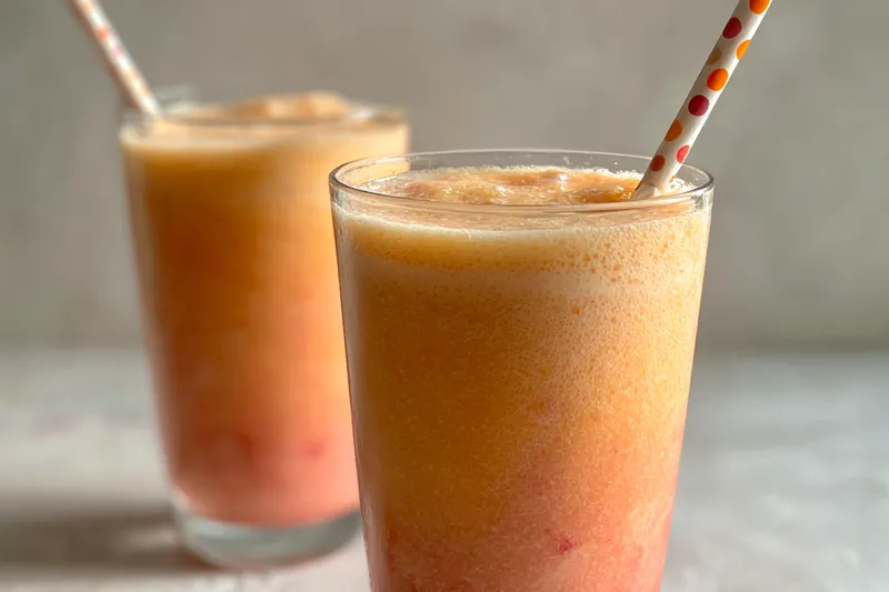 A blender filled with vibrant tropical ingredients, ready to create a refreshing smoothie.