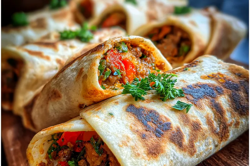 Cooking process of Savory Turkish Beef Wrap, showcasing the beef mixture being sautéed in a skillet.