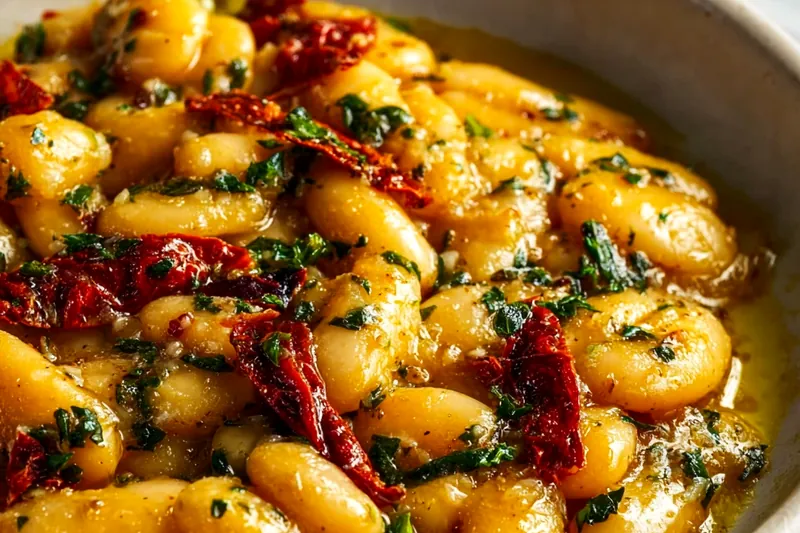 Tuscan butter beans simmering in a creamy sauce with melted cheese, showing the perfect consistency and golden color