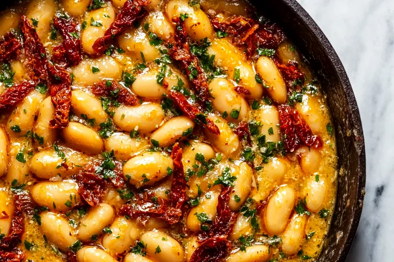 Fresh ingredients for Tuscan butter beans including dried beans, sun-dried tomatoes, fresh spinach, garlic, and herbs arranged on rustic wooden board