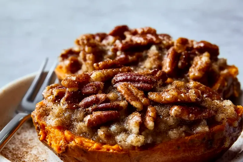 Overhead view of sweet potatoes, butter, milk, maple syrup, vanilla extract, cinnamon, nutmeg, salt, chopped pecans, brown sugar, and flour arranged on a white marble countertop