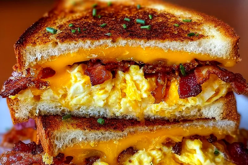 Breakfast grilled cheese sandwich cooking in a cast iron skillet, showing golden-brown crust and melted cheese oozing from the sides