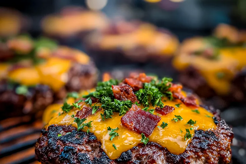 A sizzling skillet featuring Ultimate Crack Burgers cooking with cheese melting beautifully on top.