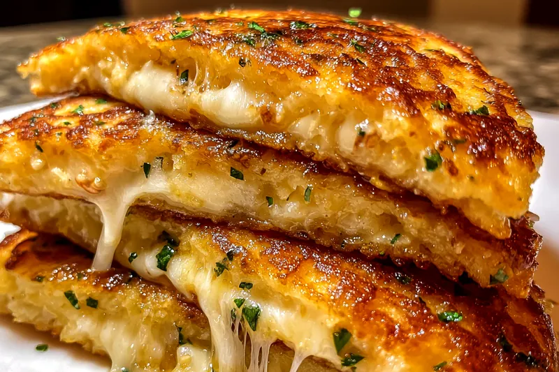 Golden grilled cheese sandwich cooking in a skillet with melted cheese visible and perfect caramelization forming