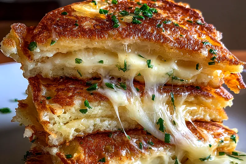 Ingredients for gourmet grilled cheese including artisan bread, shredded cheeses, butter, and fresh herbs on a wooden board