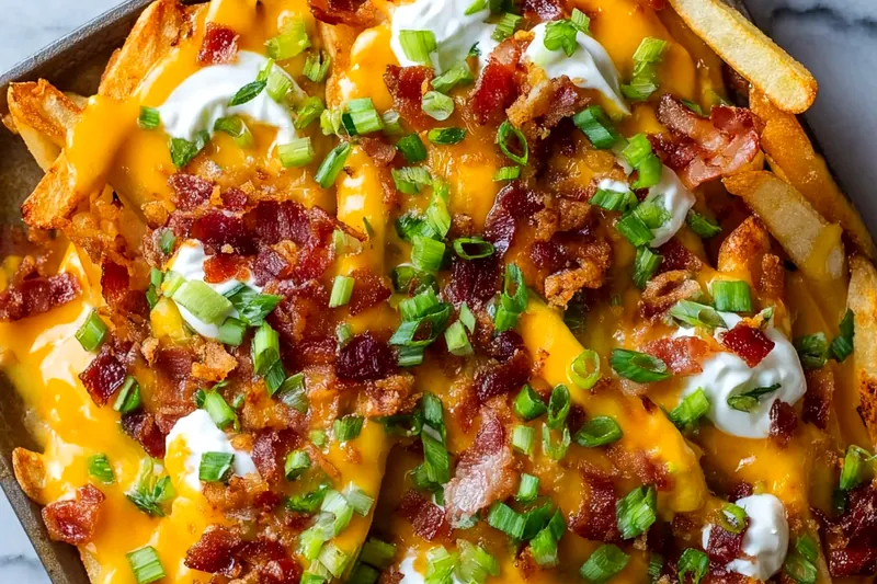 Fresh ingredients for loaded fries including cut russet potatoes, raw bacon pieces, shredded cheese, green onions, sour cream, and seasonings on a kitchen counter