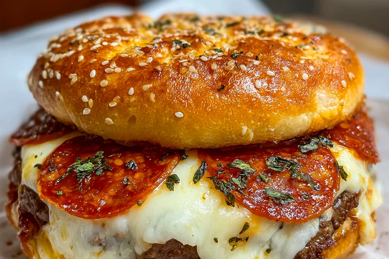 Chef Mitchell skillfully cooking the Ultimate Pizza Burger Delight in a hot skillet.
