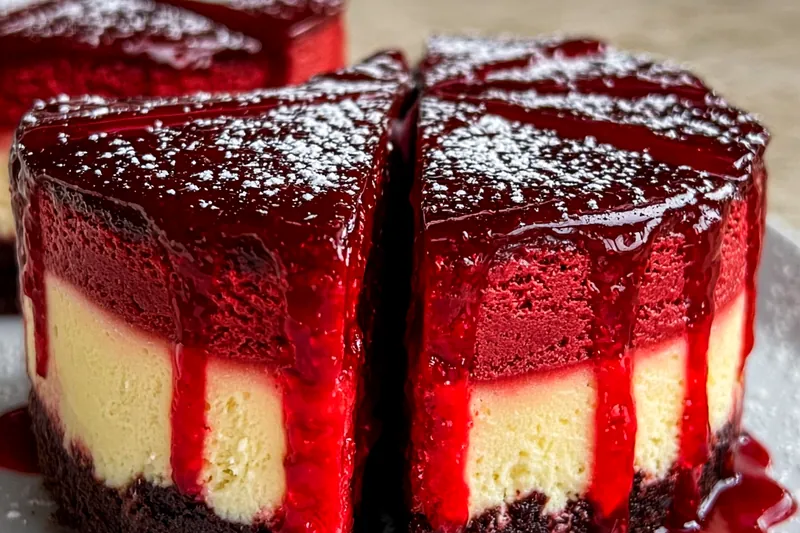 Red velvet cheesecake in springform pan with dark chocolate being drizzled around the edges to create dramatic dripping effect