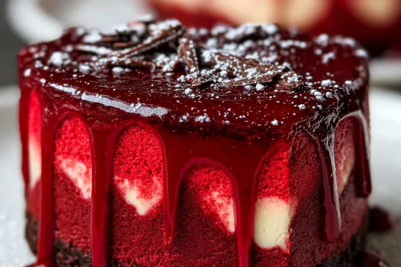 Gothic baking ingredients including cream cheese, dark chocolate, blood-red berries, and deep red food coloring arranged on a dark marble surface