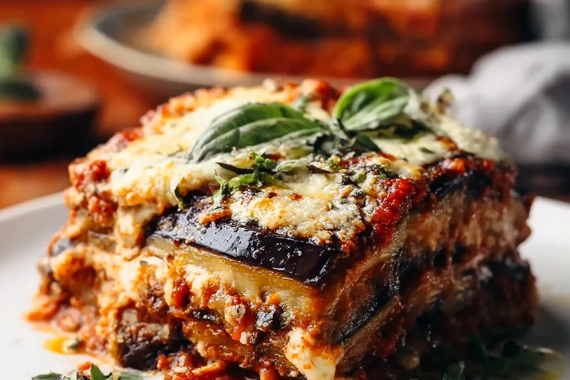 Vegan lasagna being assembled in a baking dish, showing layers of roasted eggplant, creamy cashew ricotta, and rich red tomato sauce