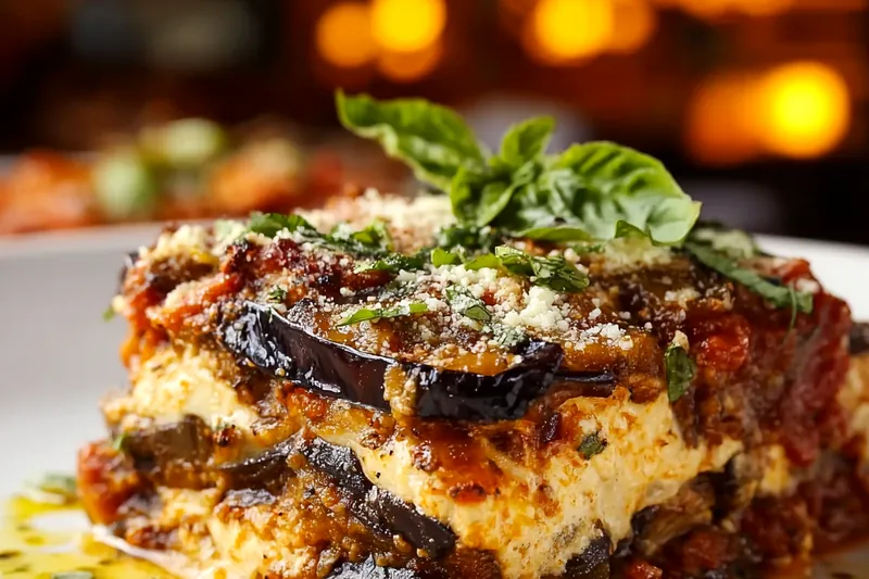 Fresh ingredients for vegan eggplant lasagna including sliced eggplant, raw cashews, fresh tomatoes, garlic, basil, and lasagna noodles arranged on a marble surface