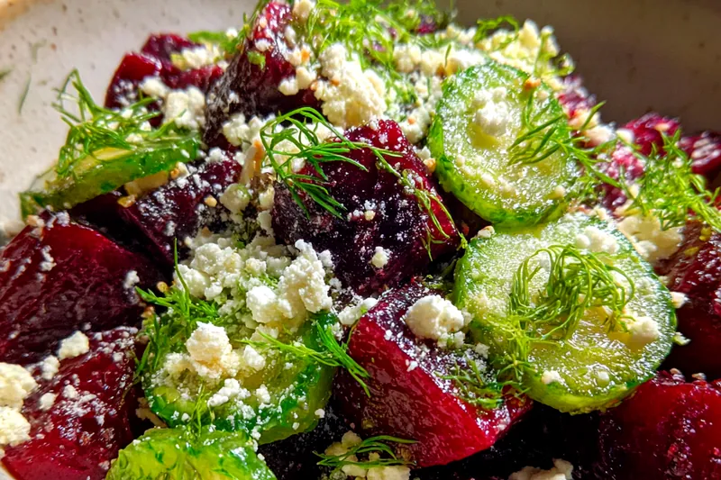 Fresh ingredients for Vibrant Beet, Cucumber, Feta & Dill Salad