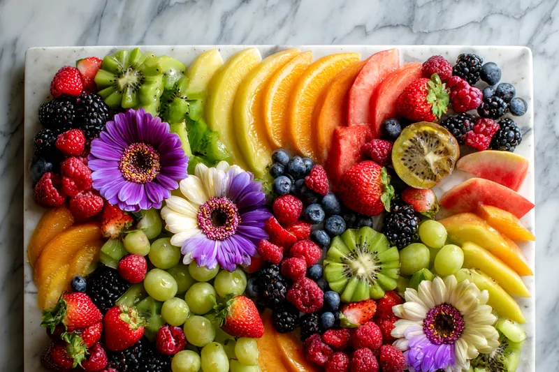 Preparation of a vibrant fruit platter with edible flowers