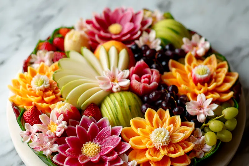 Colorful fresh fruits and edible flowers for the platter