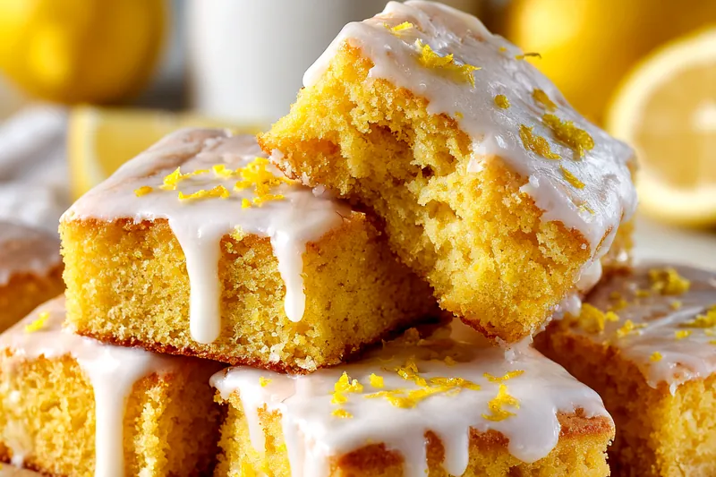 Lemon brownie batter being poured into a parchment-lined 9x13 inch baking pan, showing the bright yellow color and smooth texture