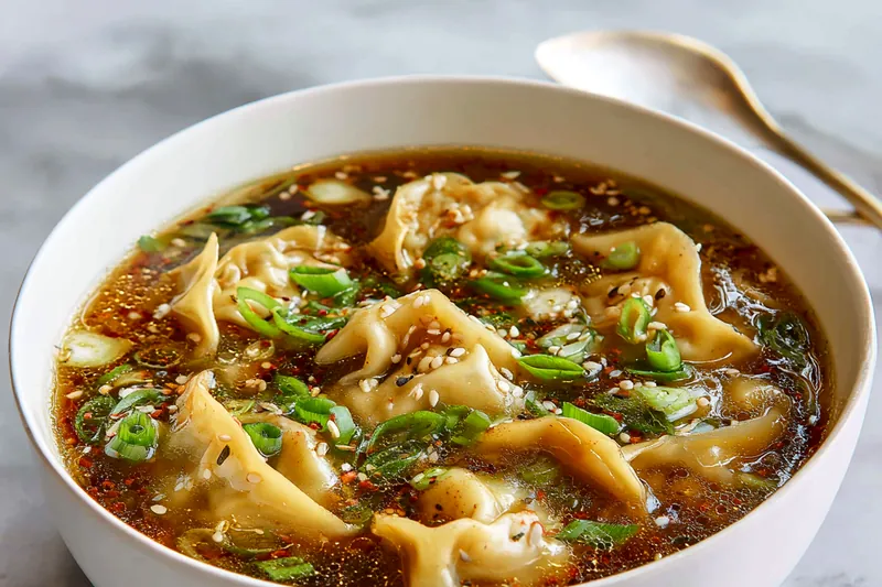 Cooking potsticker soup on the stove with bubbling broth