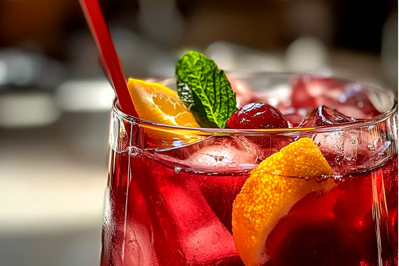 Colorful array of sangria ingredients including red wine bottle, vodka, fresh berries, citrus fruits, and pomegranate juice on a wooden board