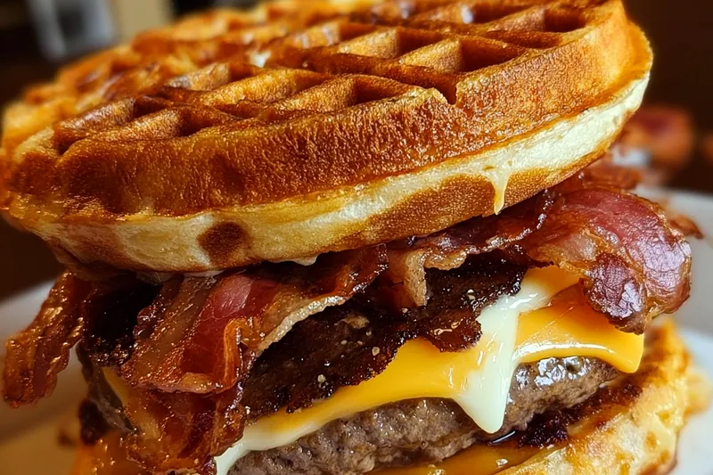 Waffle burger being assembled showing the layering process with crispy waffles, seasoned beef patty, melted cheese, and bacon strips