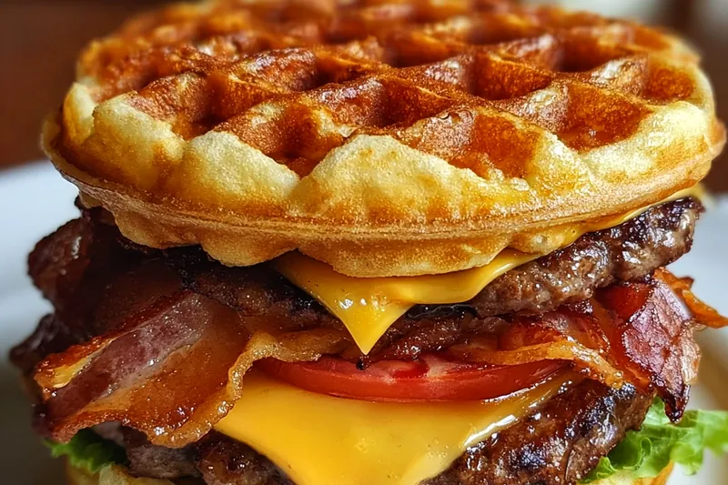 Fresh ingredients for waffle burger including ground beef, thick-cut bacon, waffles, eggs, cheese slices, and maple syrup arranged on a wooden cutting board