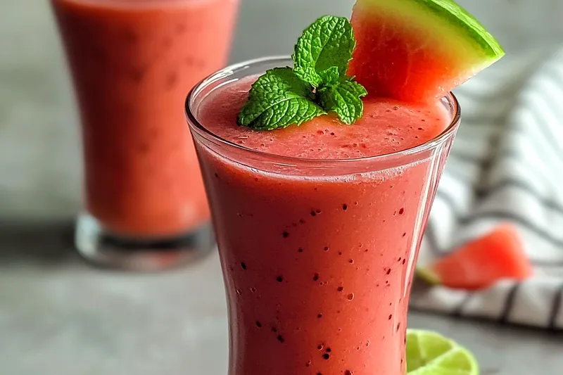 Chef blending watermelon and strawberry in a high-speed blender.
