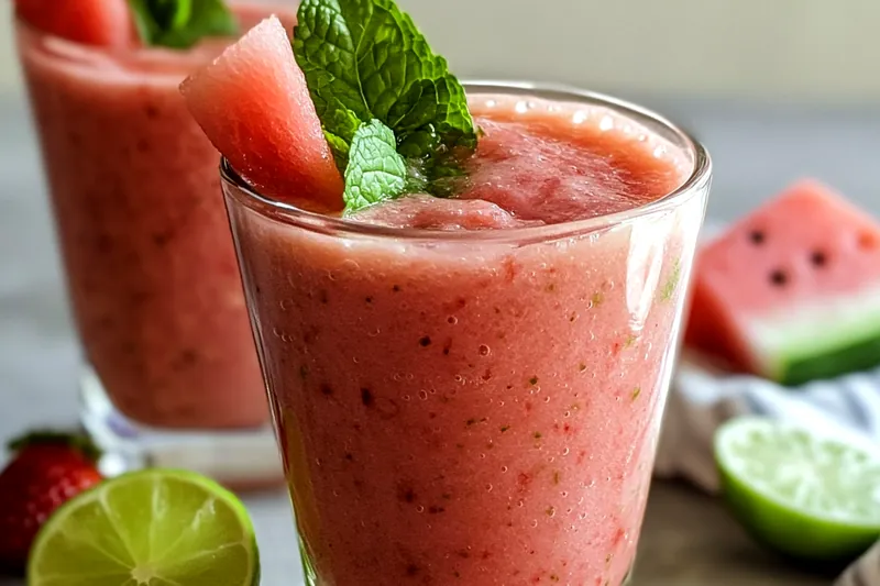 A colorful arrangement of fresh watermelon, strawberries, and lime ready for blending.