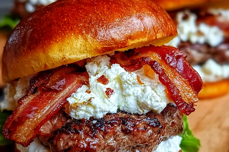 Premium ingredients for gourmet smash burgers including ground beef, feta cheese, thick bacon, garlic, fresh herbs, and brioche buns arranged elegantly